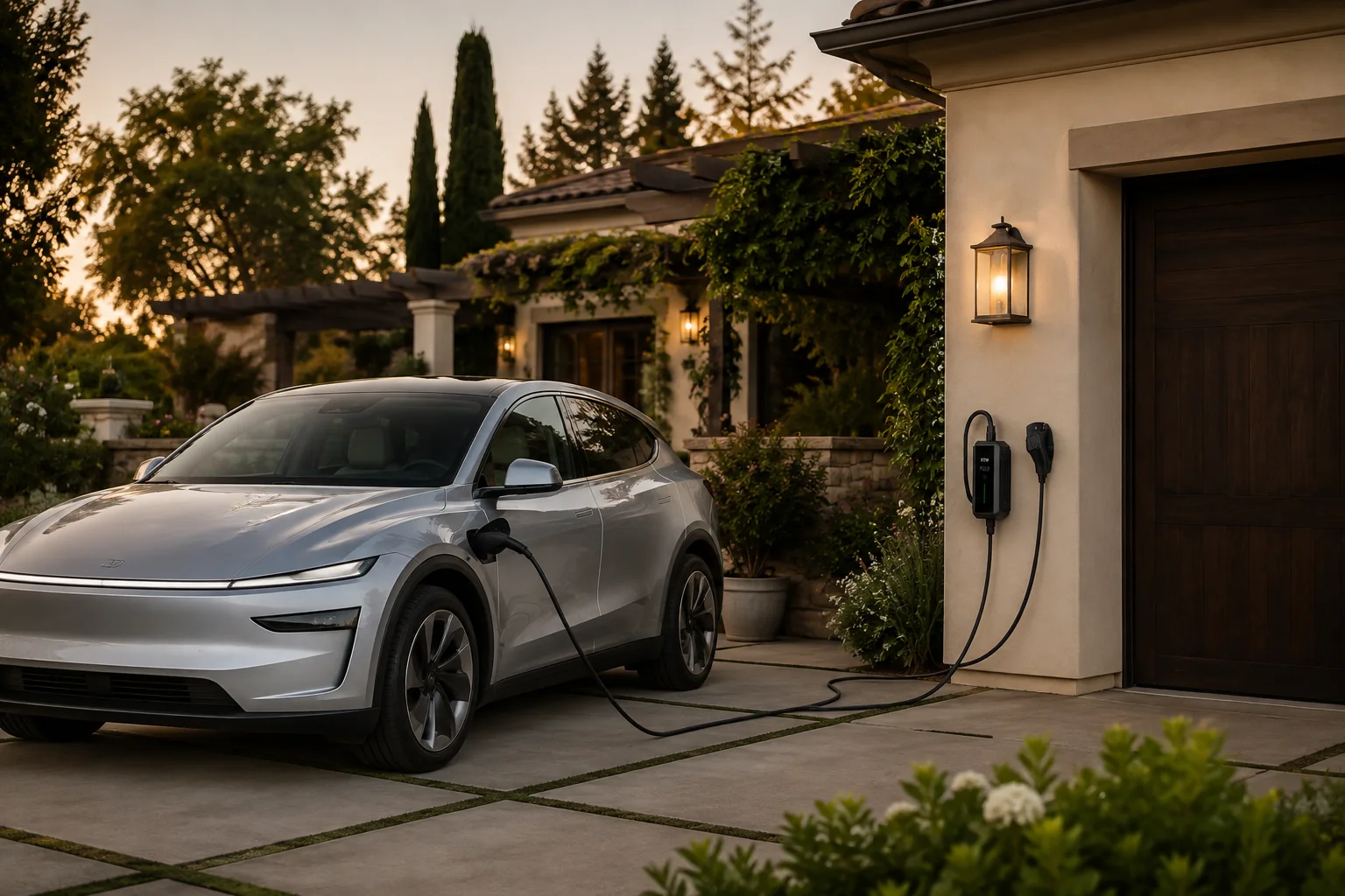 Electric vehicle connected to a residential charger on a landscaped California driveway