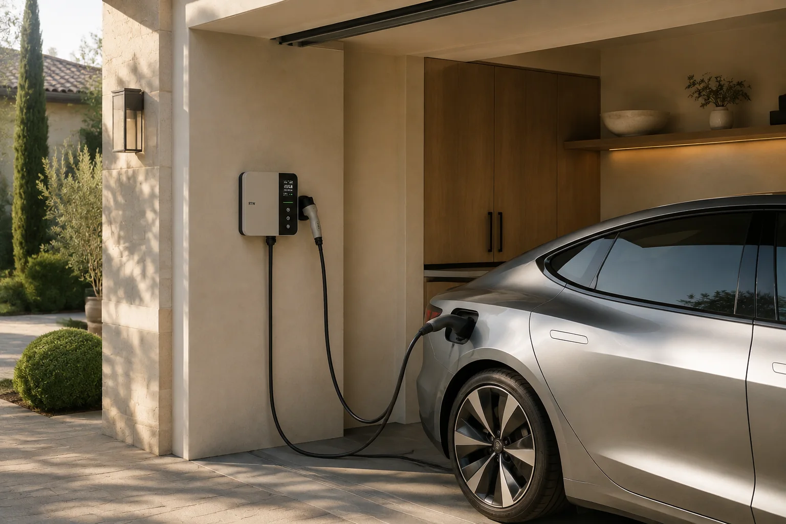 RTW wall box installed beside an electric vehicle in a California garage
