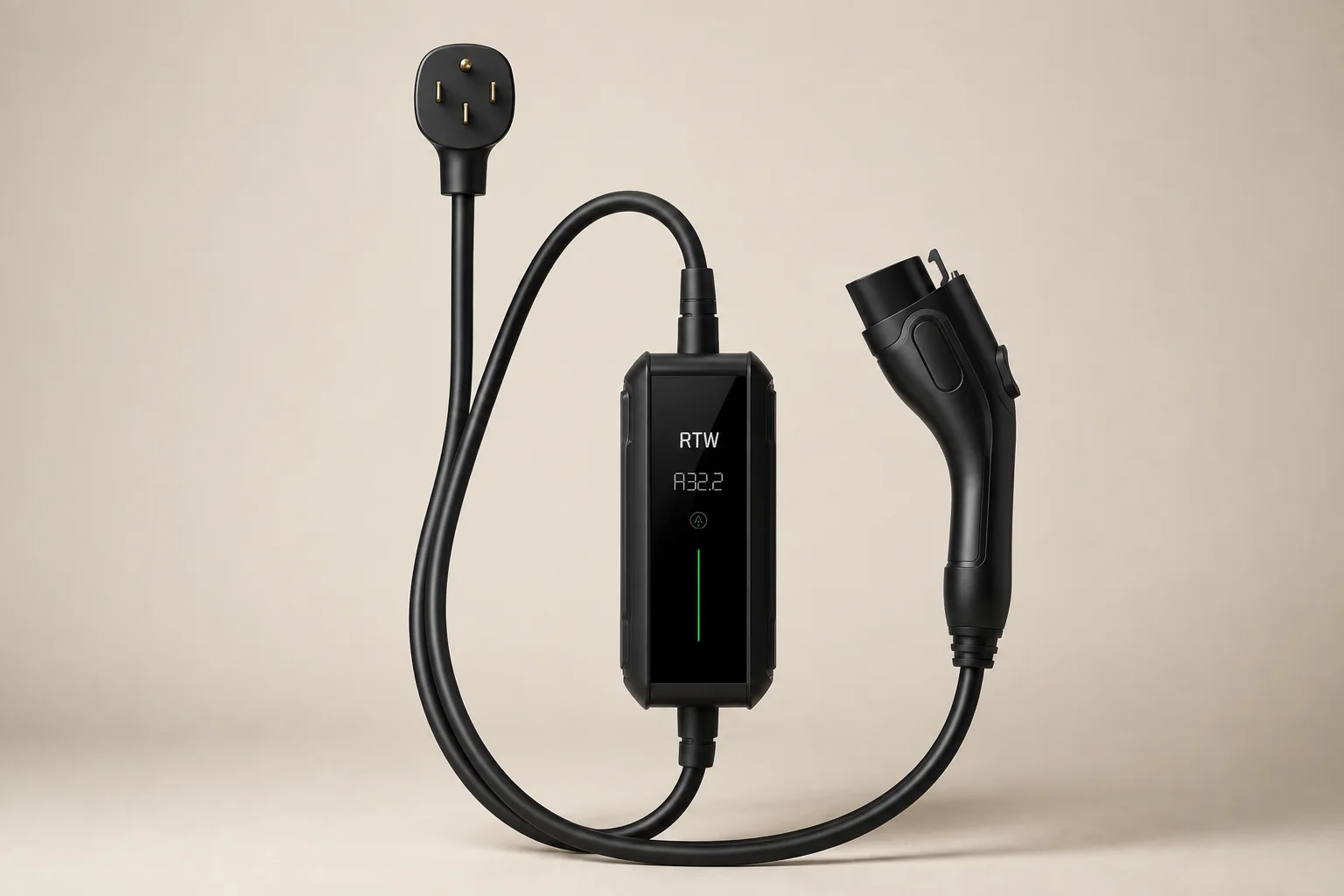 Complete RTW 7.7 kW mobile AC charger on a warm ivory studio background