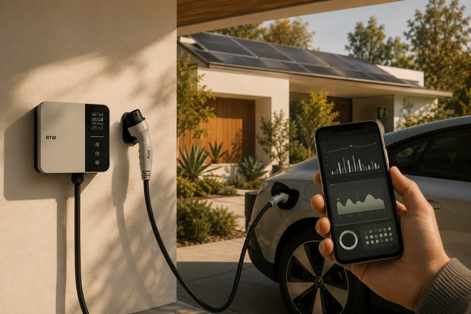 California home energy scene with EV charging, solar and a smart charging interface